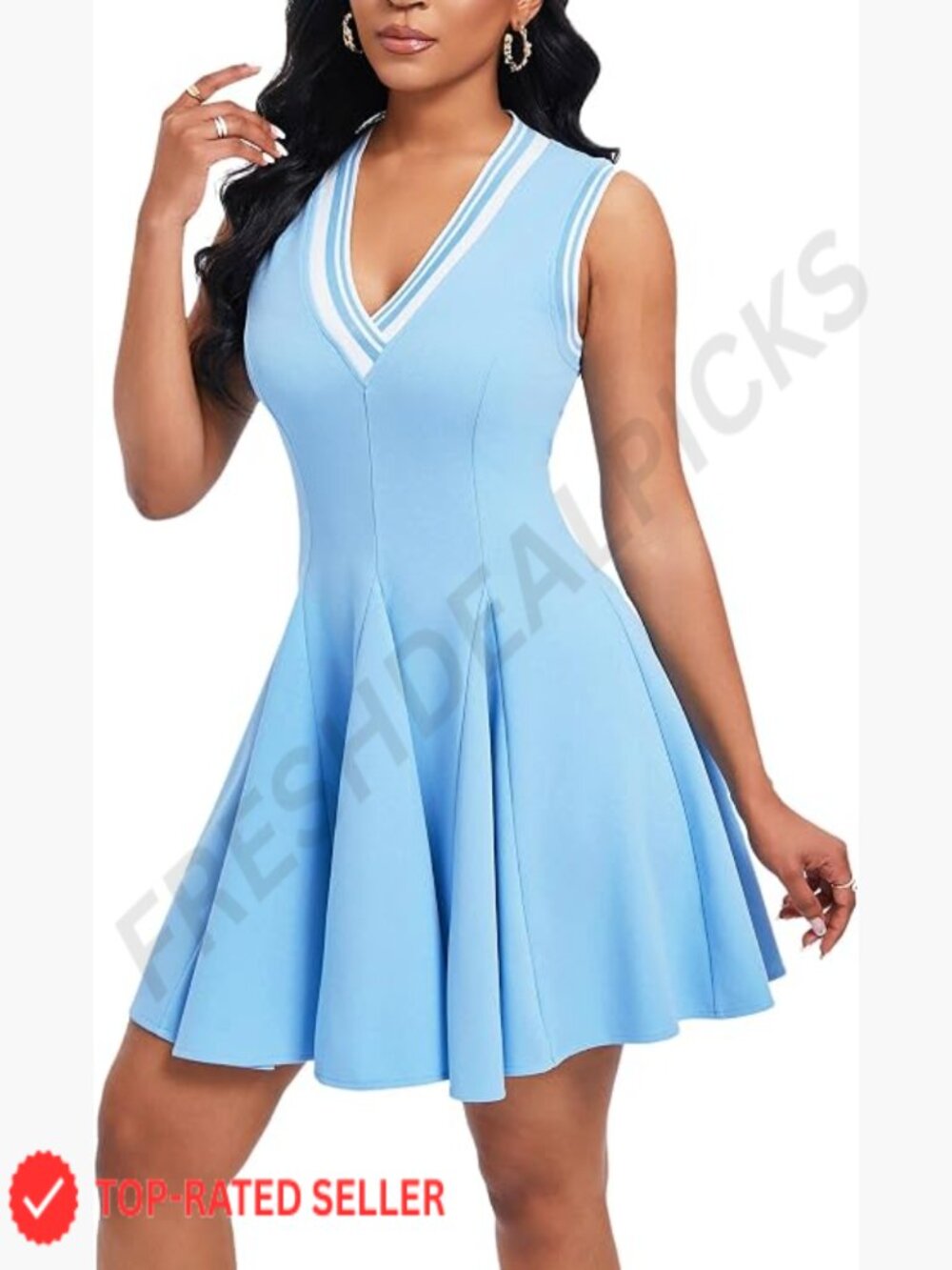 Sleeveless Mini Dress Slim Fit V-Neck Pleated Tank Dress Summer Casual